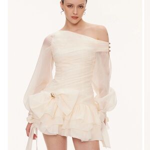 Asymmetric One-Shoulder Cream Ruffle Mini Dress with Bow